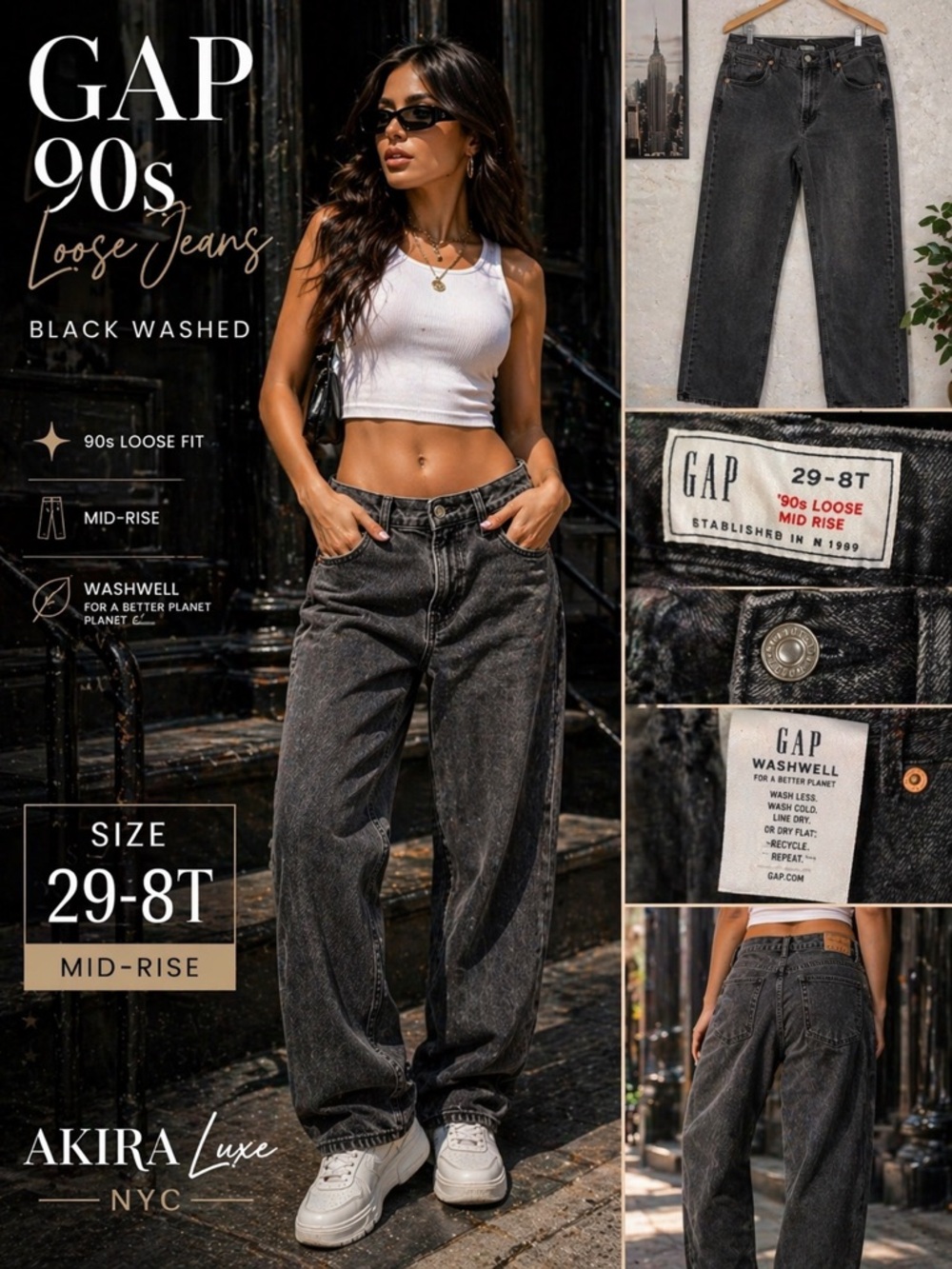 GAP 90s Loose Mid Rise Black Washed Jeans Size 29/8T
